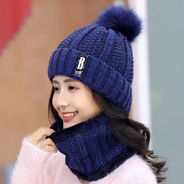 Knitted Beanie Pompom Scarf Set