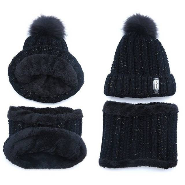 Knitted Beanie Pompom Scarf Set