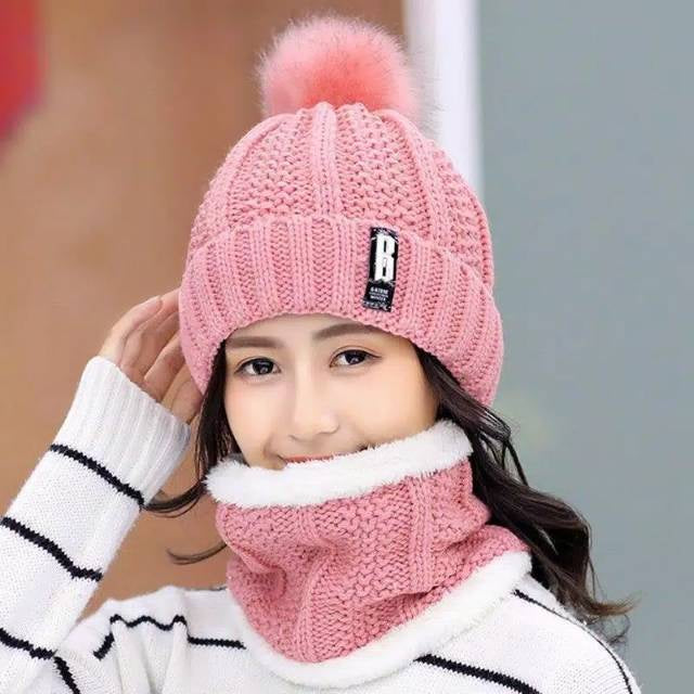 Knitted Beanie Pompom Scarf Set
