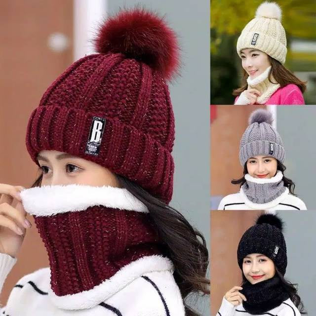 Knitted Beanie Pompom Scarf Set