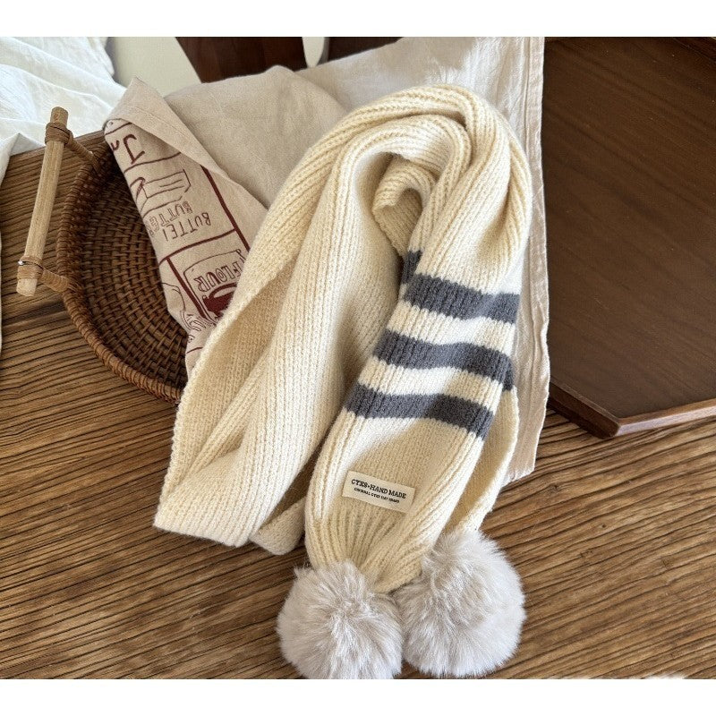 CREAMY KIDS KNIT SCARF POMPOM