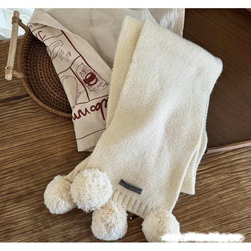 CREAMY KIDS KNIT SCARF POMPOM