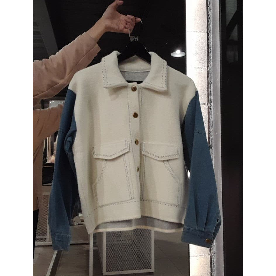 #A025 FURRY CARDIGAN JACKET MIX DENIM