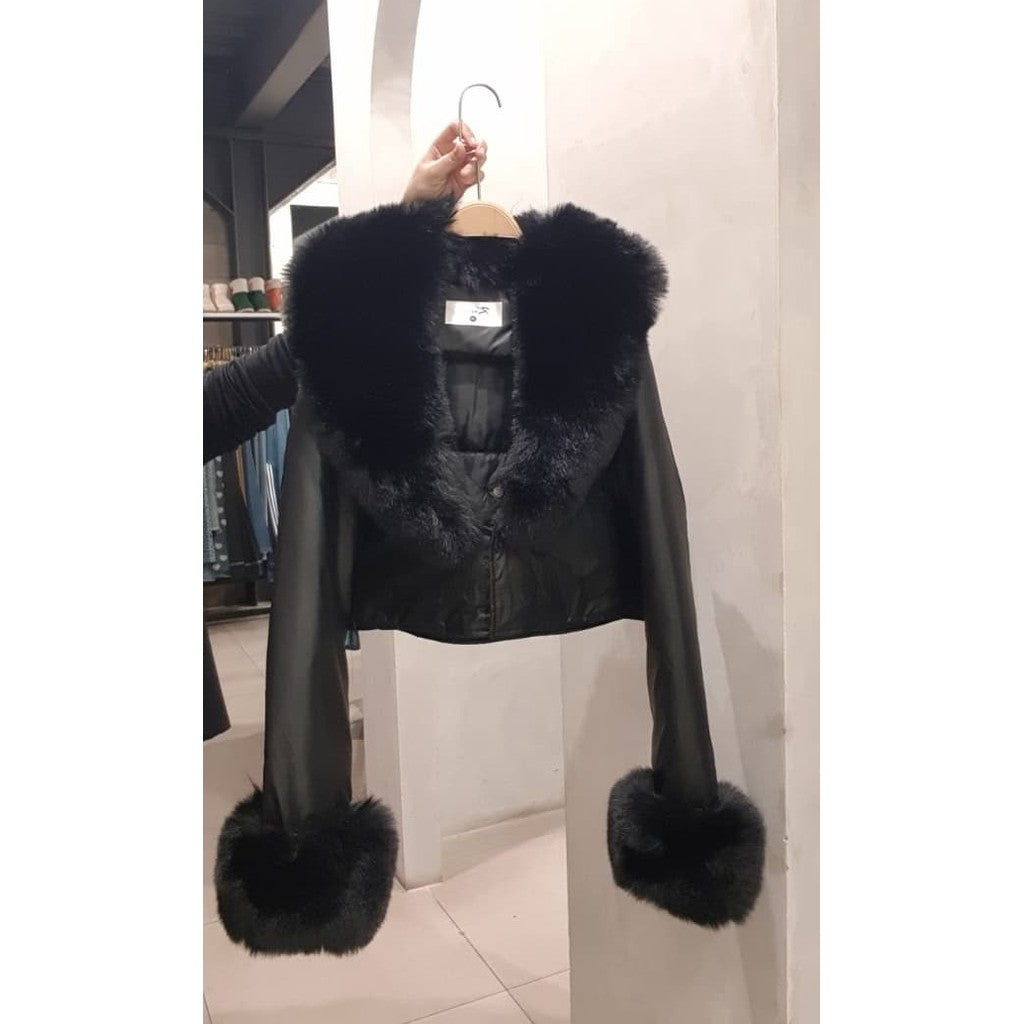 CROP PADDING PUFFER PU LEATHER COAT