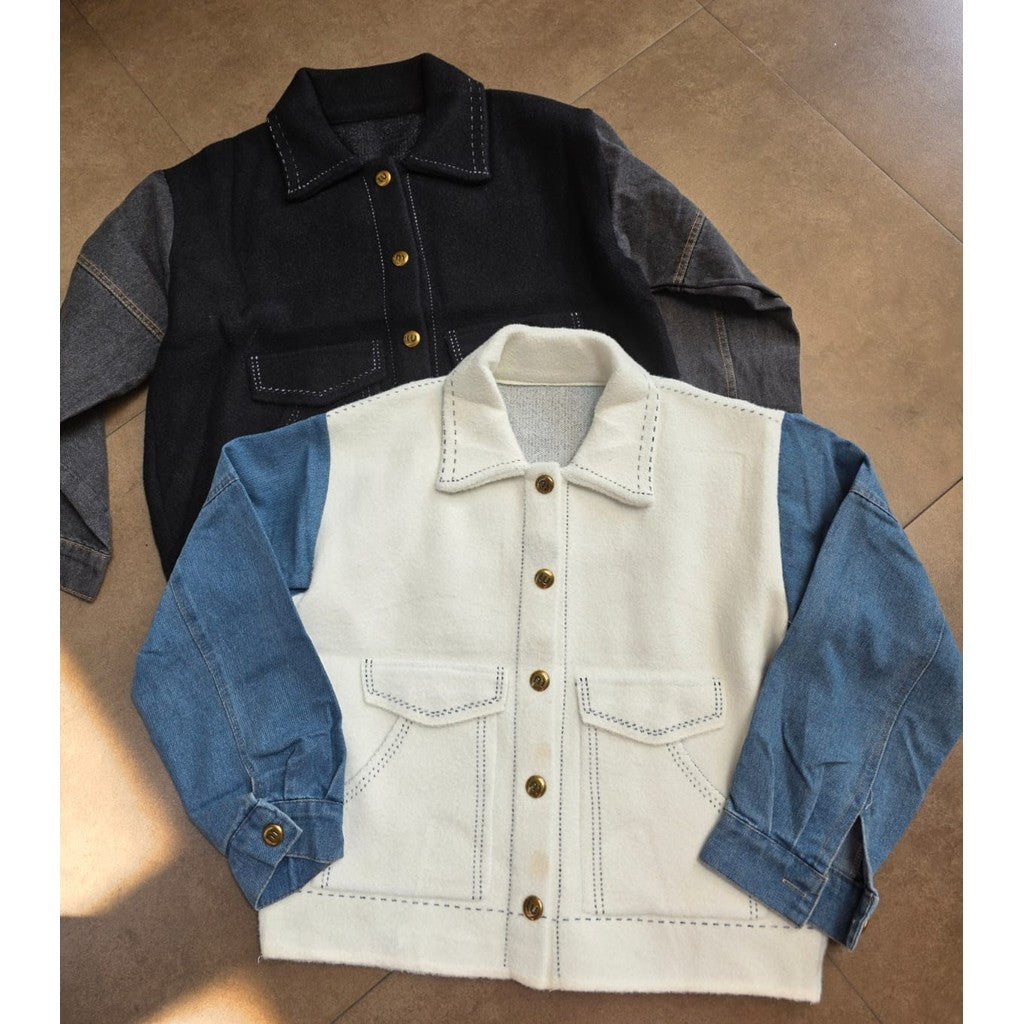 #A025 FURRY CARDIGAN JACKET MIX DENIM